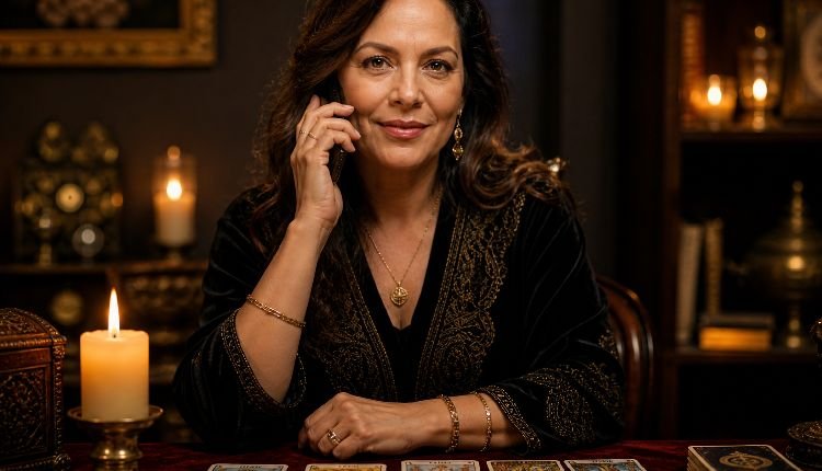 Tarot Telefónico Fiable 24 Horas: Tu Guía Espiritual Cuando Más la Necesitas 3 Tarotista española profesional atendiendo por teléfono con lectura de tarot y vela encendida en ambiente espiritual