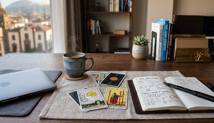 Tarot Laboral y Trabajo: Cómo salir del estancamiento cuando nada parece avanzar 2 Cartas de tarot sobre un escritorio de trabajo, representando el tarot laboral y la estrategia profesional para superar bloqueos.