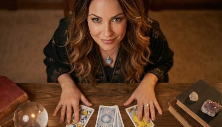 Vidente-leyendo-tarot-cartas-cristales Lectura de tarot online por una vidente experimentada en un entorno místico con cartas y cuarzos.