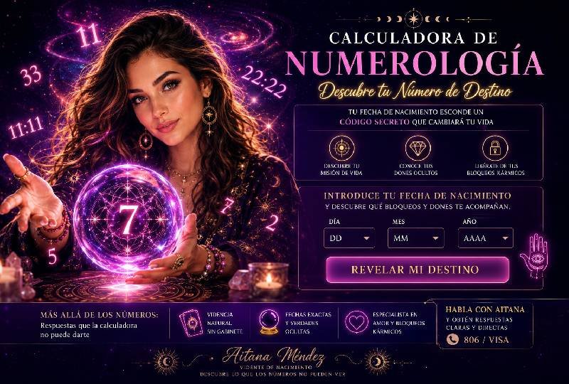 Calculadora de Numerología: Descubre tu Número de Destino 1 Rueda mística dorada con números iluminados flotando, representando el cálculo de la numerología, fecha de nacimiento y el número de destino con la vidente Aitana Méndez.